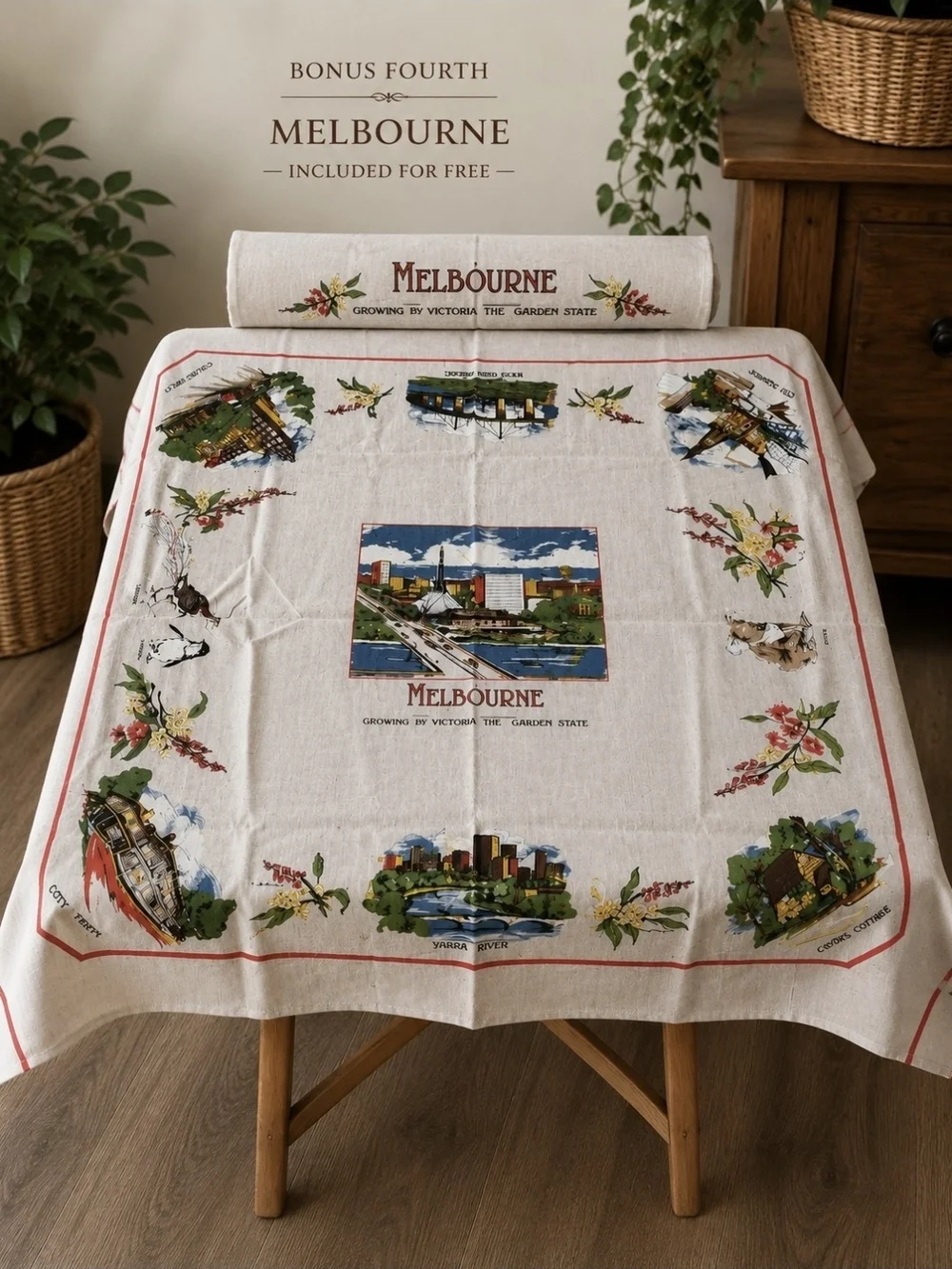 Vintage Embroidered Tablecloth Bundle – Set of 4 (Bonus Melbourne Souvenir Table